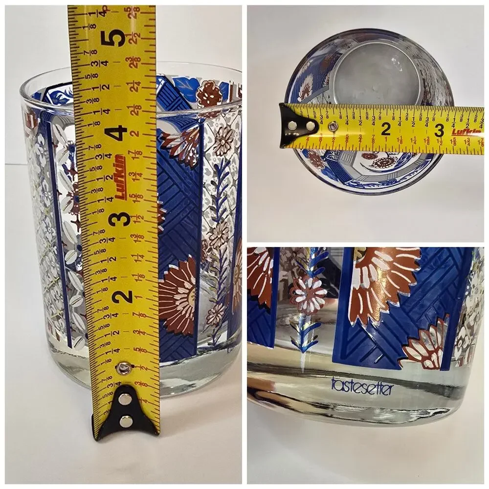 3 Old Fashioned Lowball Rocks Glasses Blue Oriental Imari Pattern Gold Vtg MCM